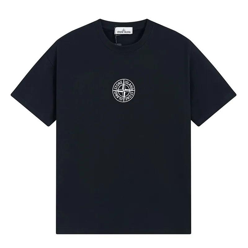 W610#P110💰 Stone Island logo printed front and back short-sleeved men's and women's loose casual T-shirts. Made of 260g combed cotton with 32-count double yarn. Double-threaded two-needle pressed thread. No deformation after long-term washing. Imported 3D printing. No fading. No cracking. Authentic pattern making. Double tags washed. Original packaging. Color: black-white. Size M-XXL.